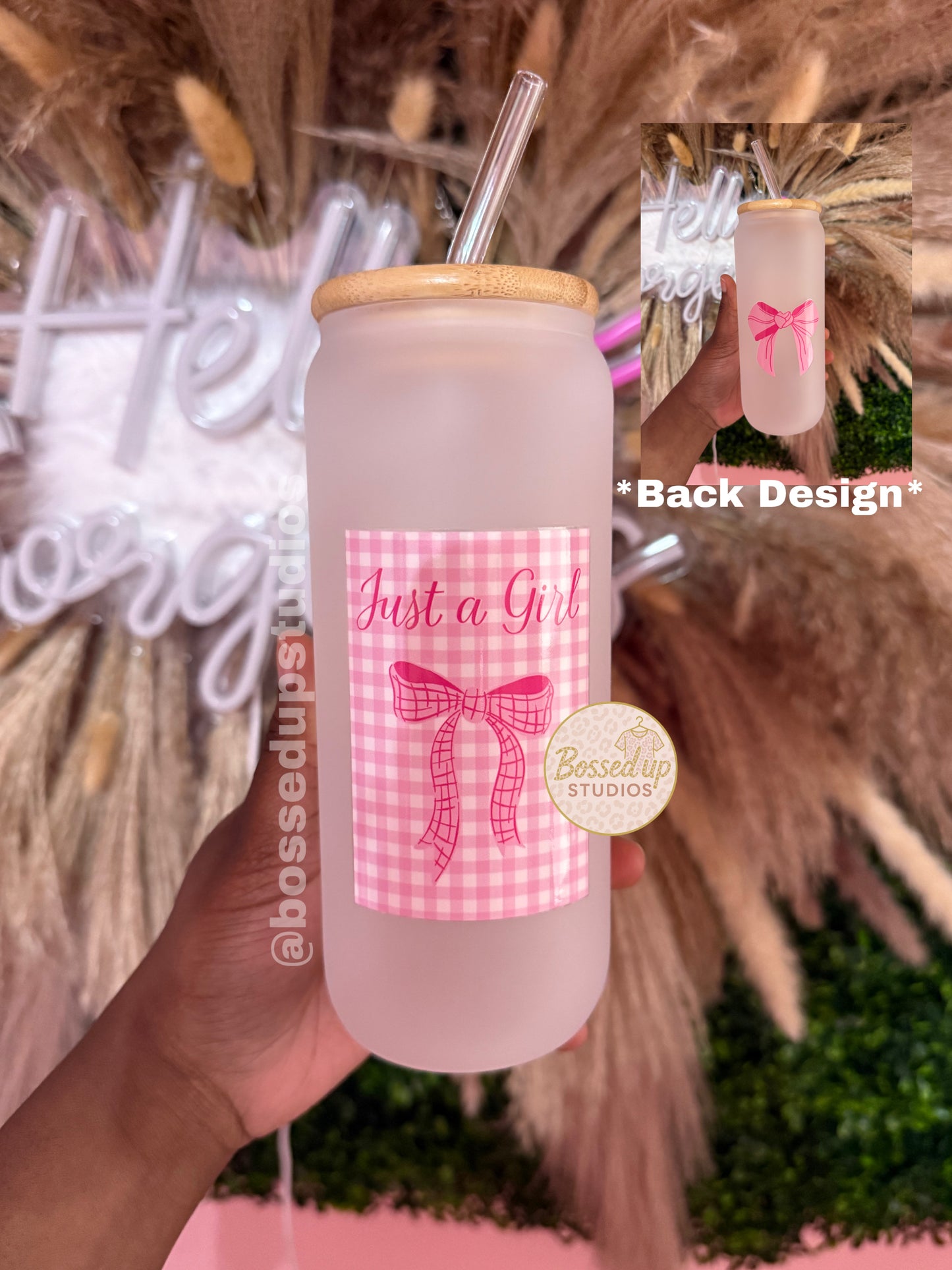 Pink Bow Frosted Glass Tumbler